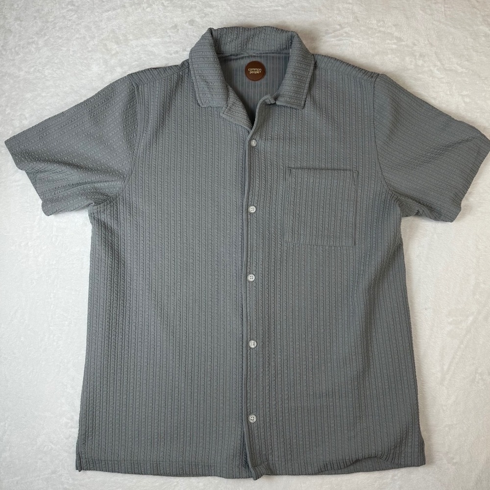 Common People Grey Textured Short Sleeve Button Down Shirt XL Camp Collar Pocket